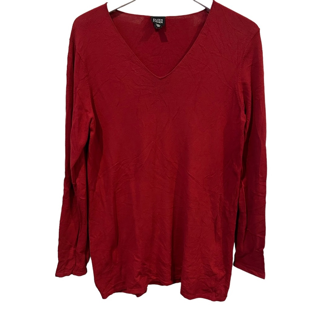 Eileen Fisher Italy Red Knit V-Neck Sweater top lightweight Size XS small luxury